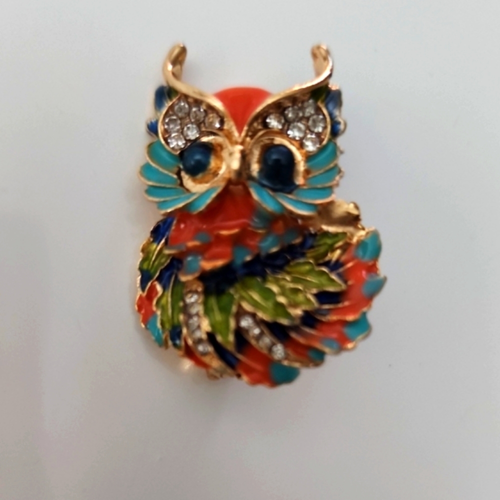 Vibrant Orange and Blue Owl Brooch